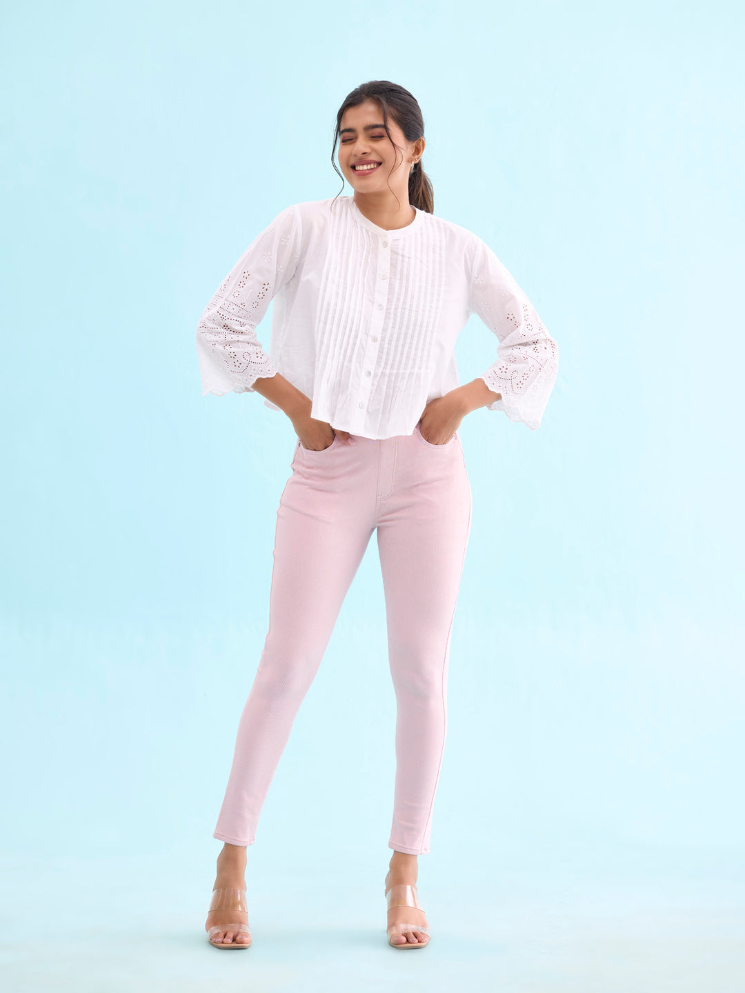 Baby Pink Cotton Polyester Super Stretch Jeggings