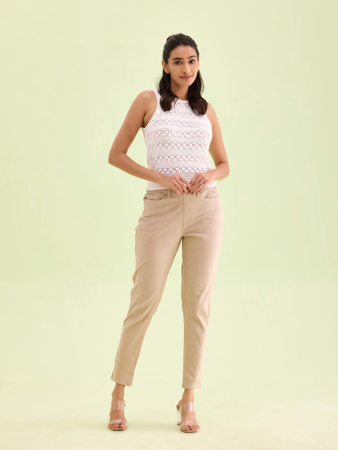 Beige Cotton Polyester Super Stretch Jeggings