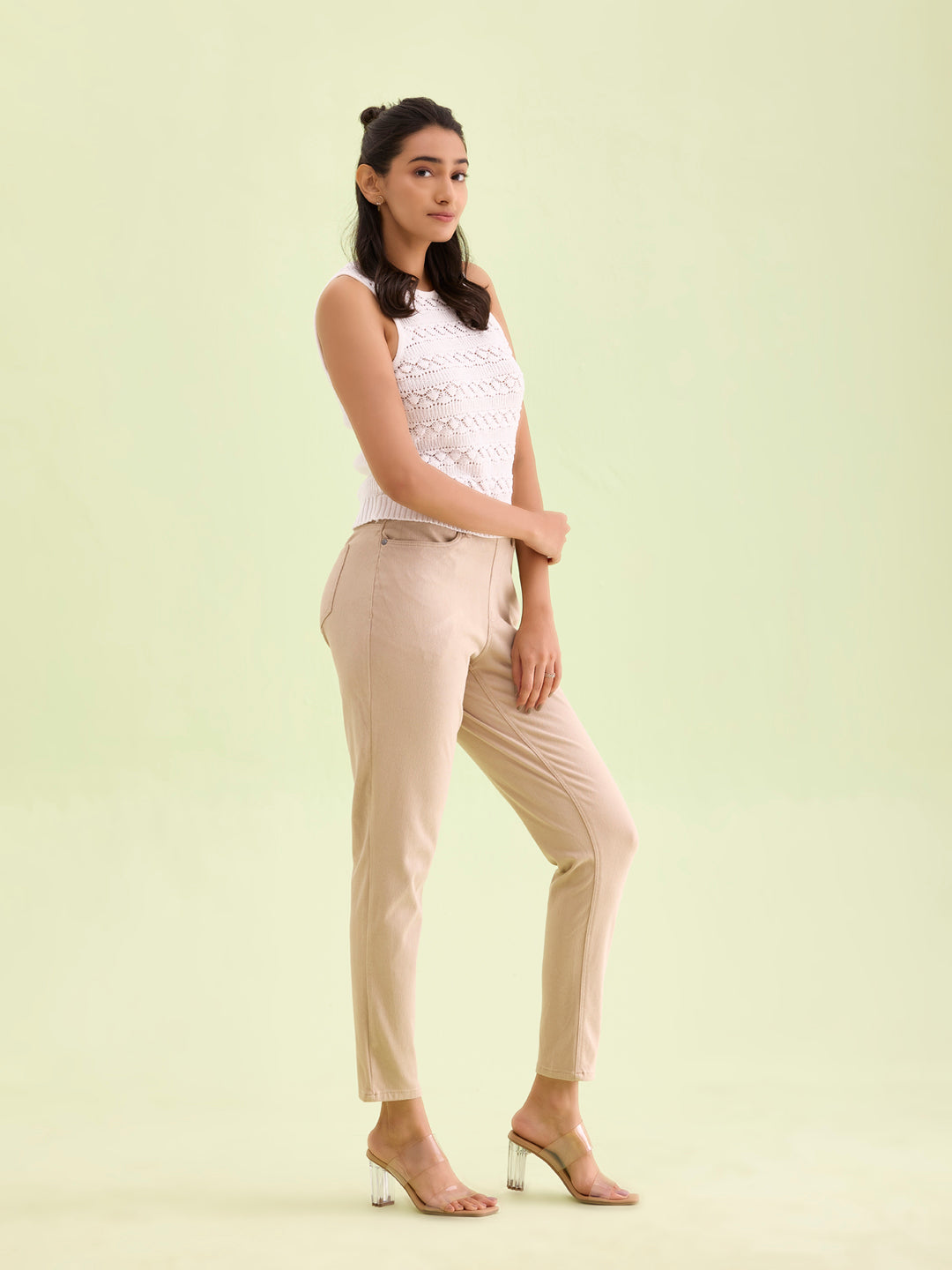 Beige Cotton Polyester Super Stretch Jeggings