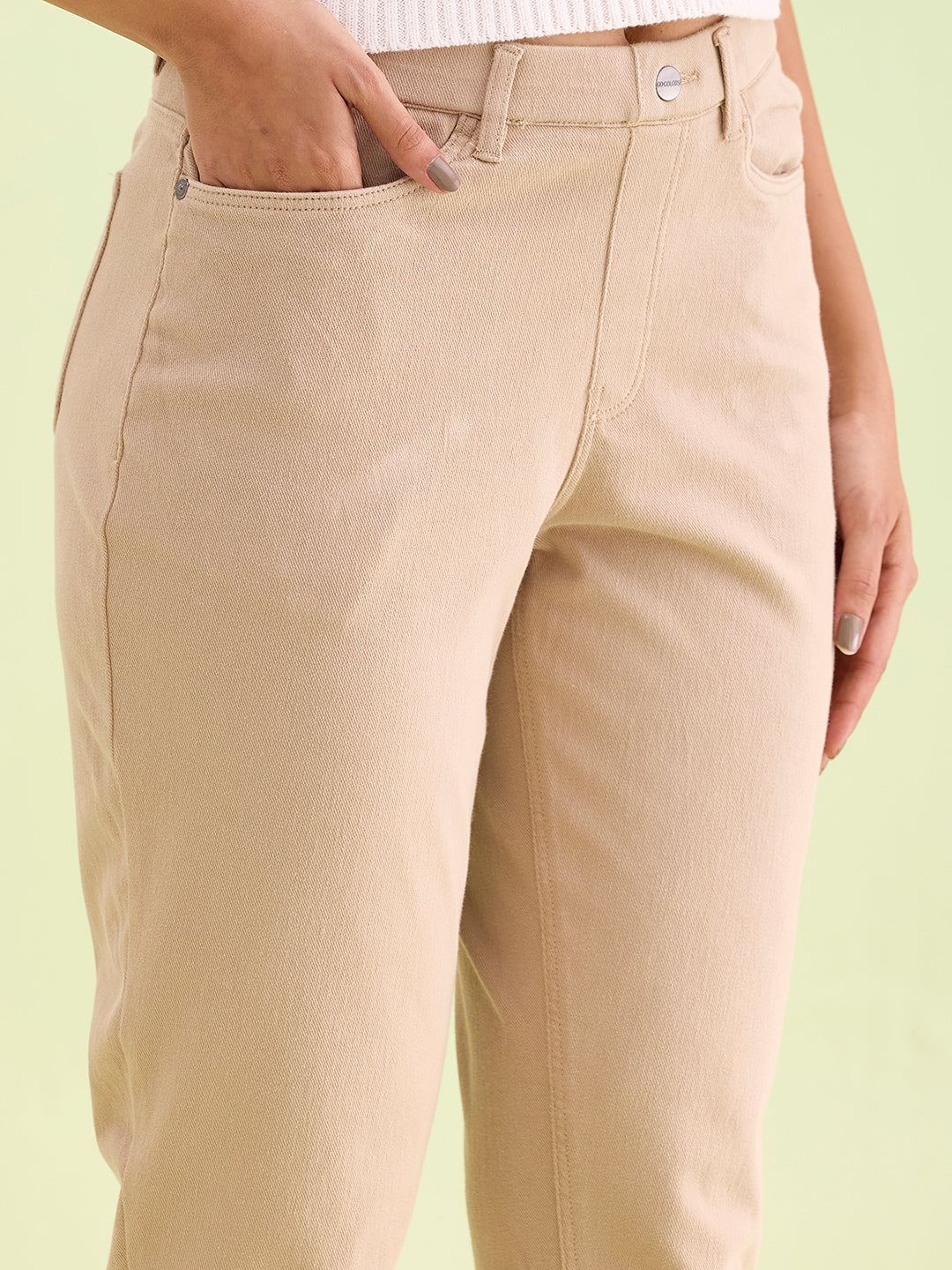 Beige Cotton Polyester Super Stretch Jeggings