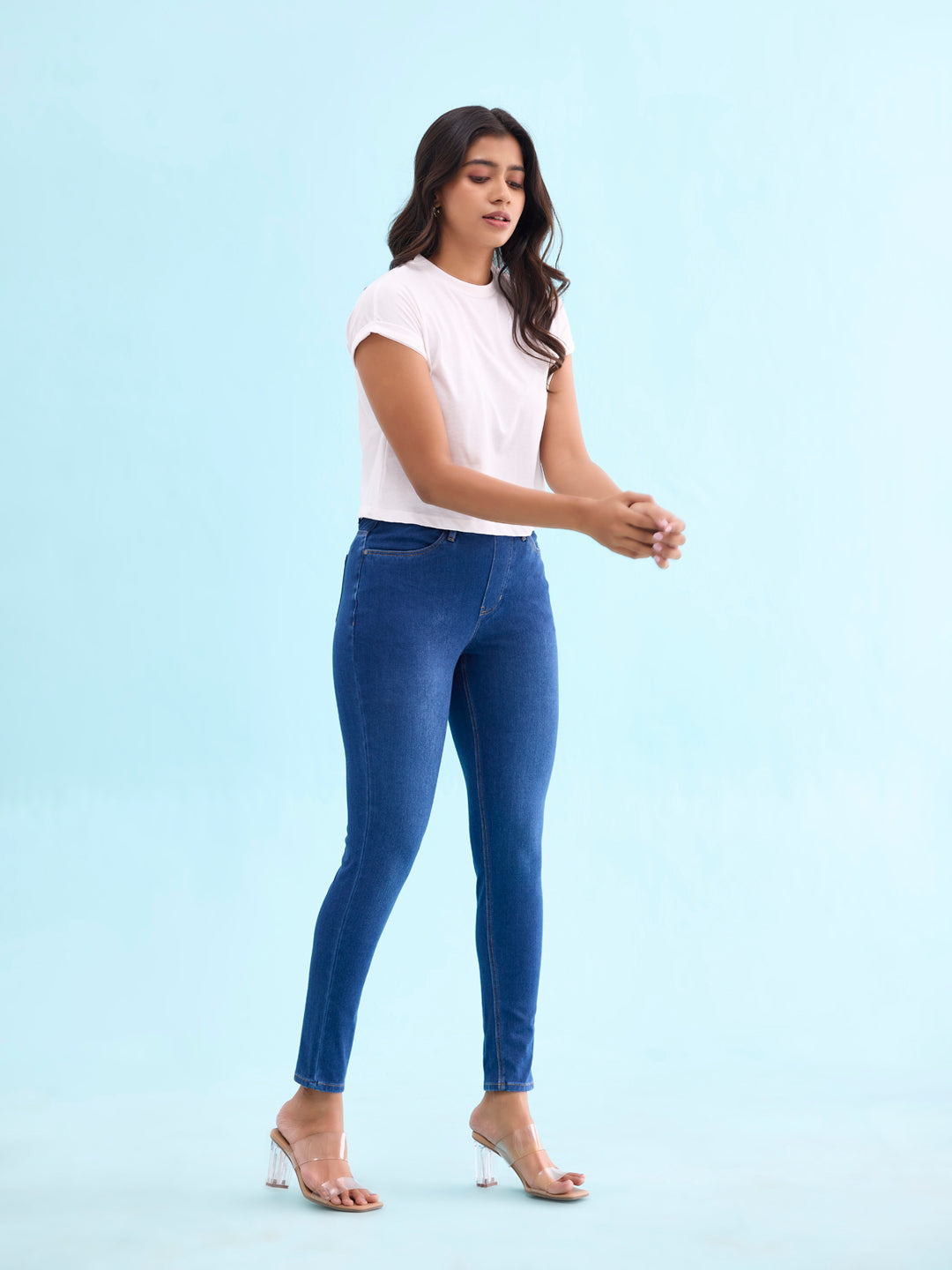 Blue Cotton Poly Stretch Denim Jeggings