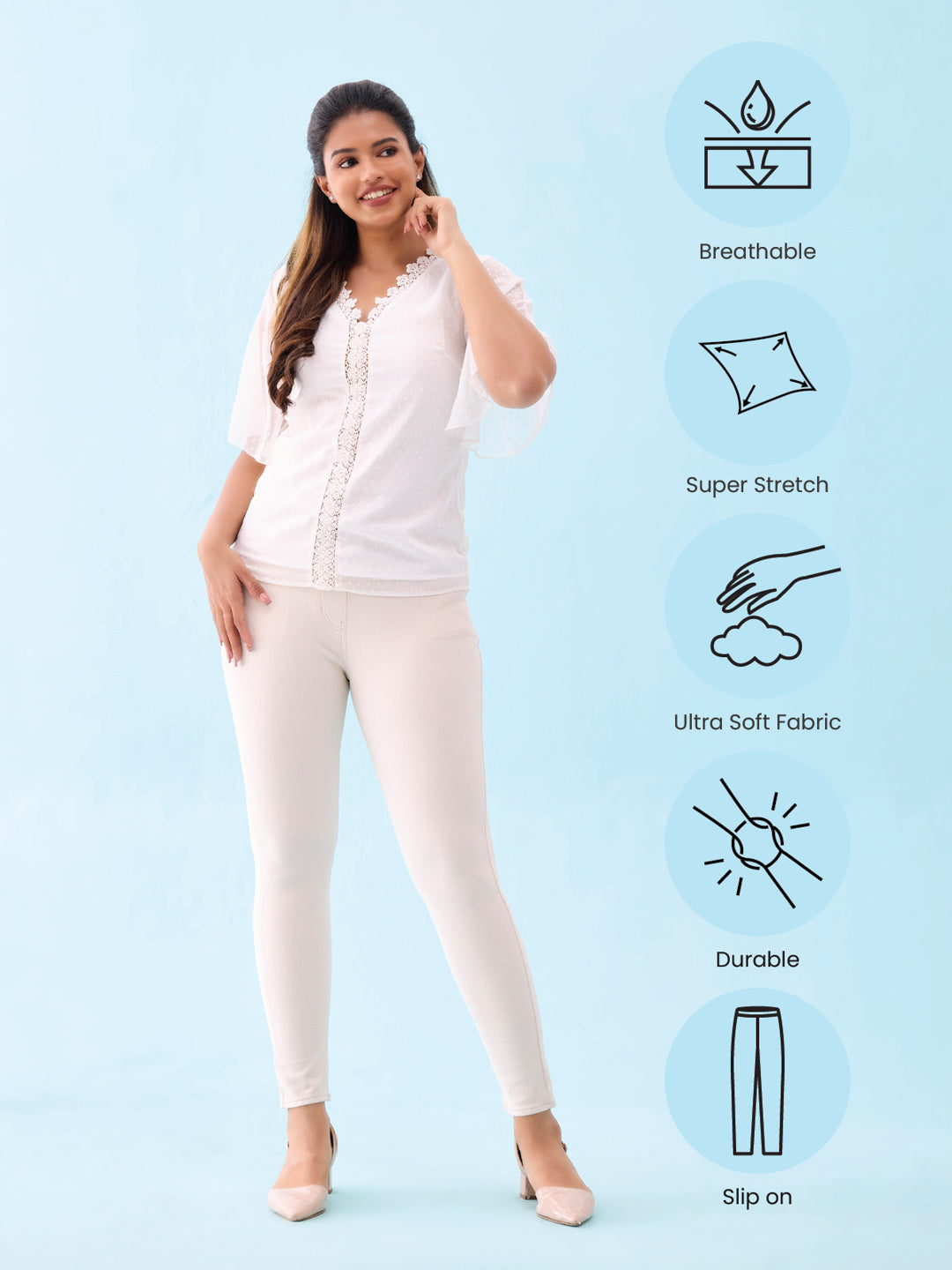 Cream Cotton Polyester Super Stretch Jeggings