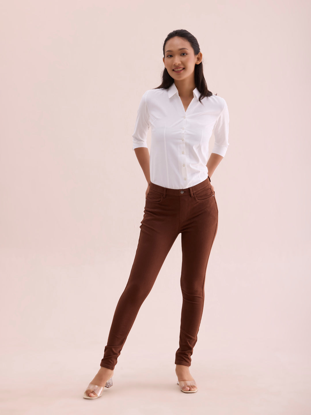 Dark Brown Cotton Polyester Super Stretch Jeggings