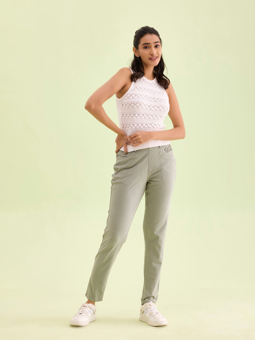 Dusty Green Cotton Polyester Super Stretch Jeggings