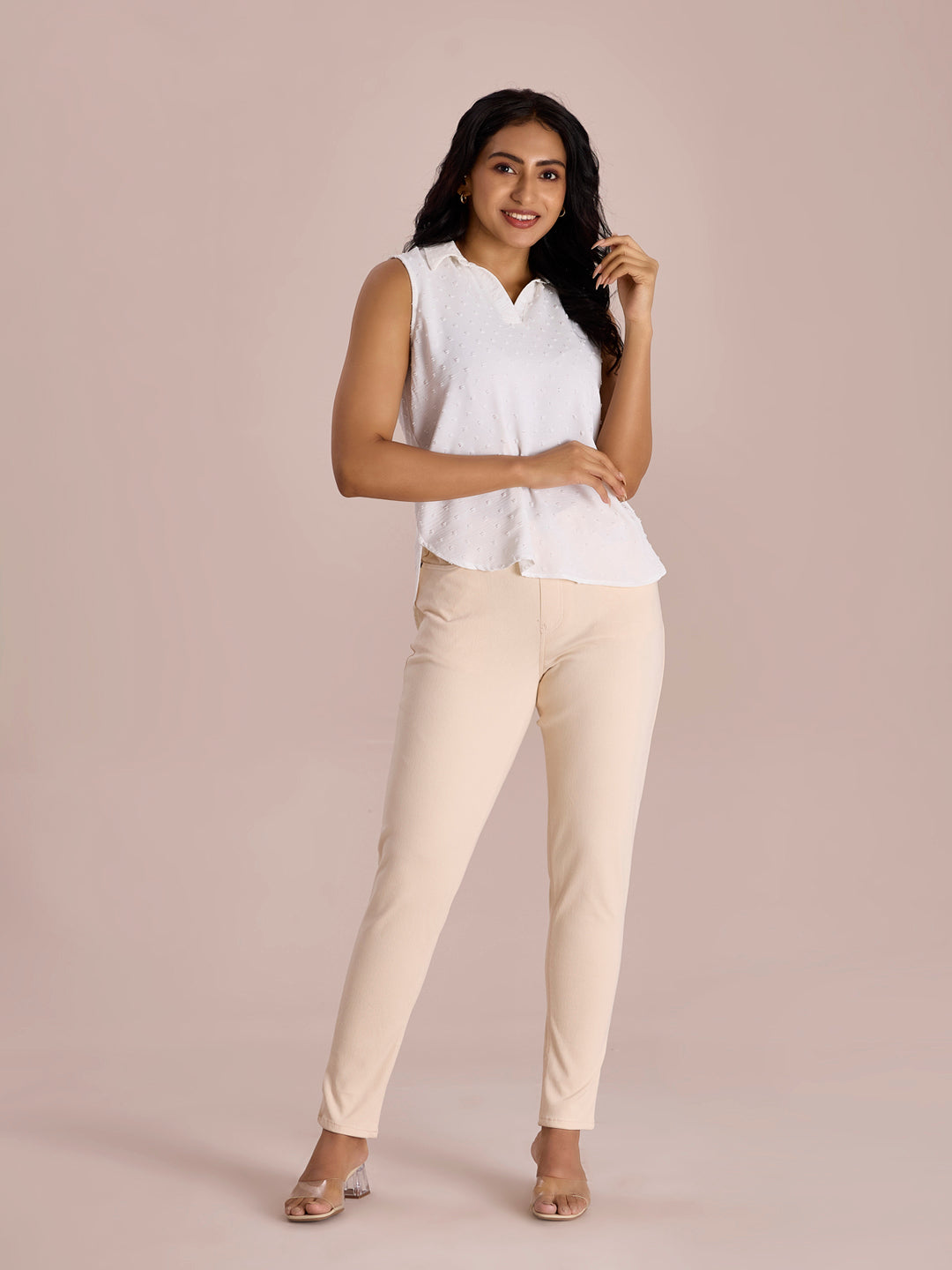 Ecru Cotton Polyester Super Stretch Jeggings