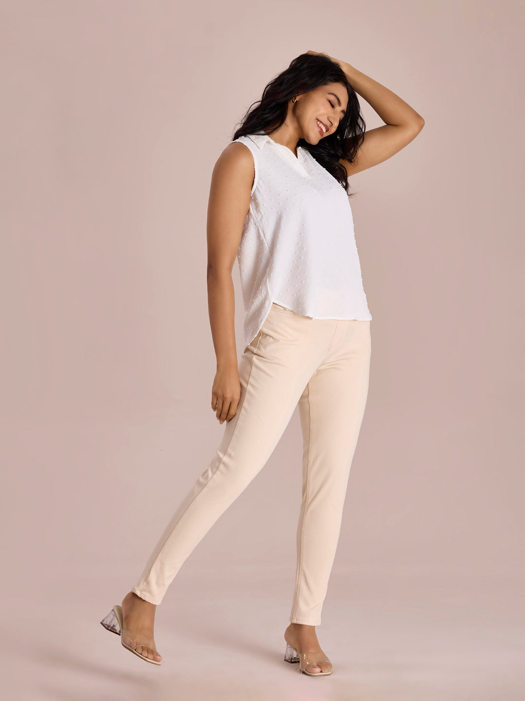 Ecru Cotton Polyester Super Stretch Jeggings