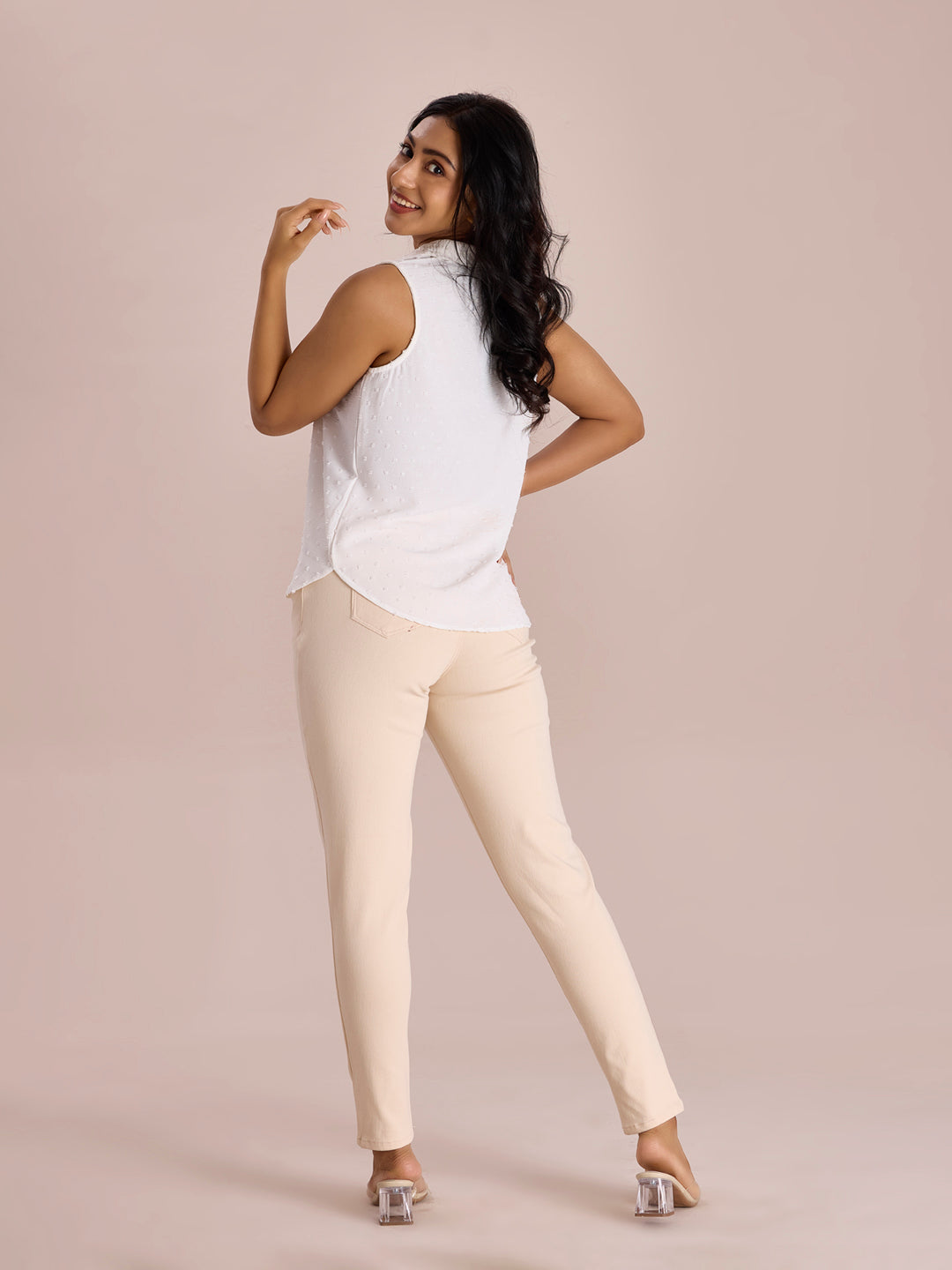 Ecru Cotton Polyester Super Stretch Jeggings