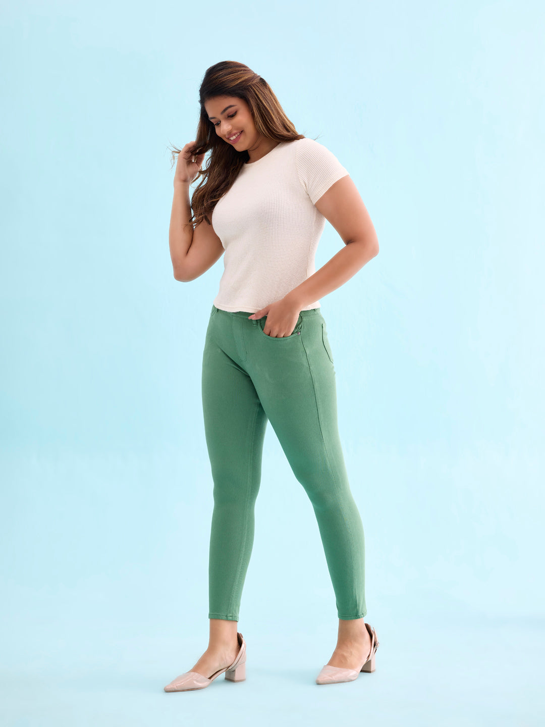 Emerald Green Cotton Polyester Super Stretch Jeggings