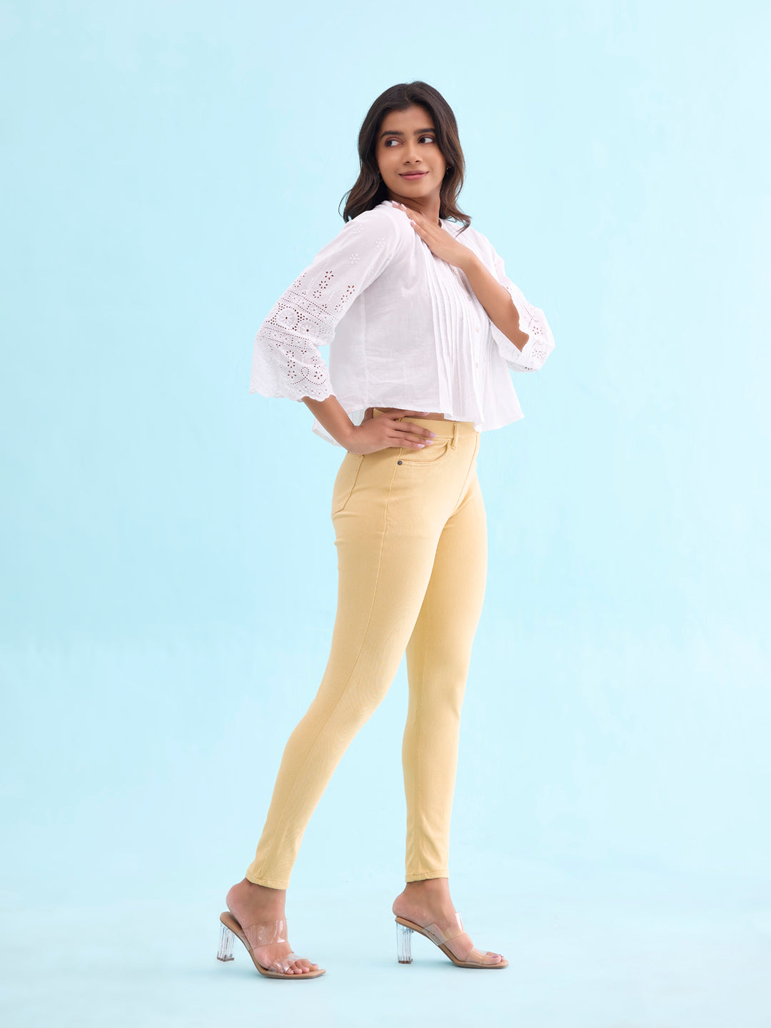 Golden Yellow Cotton Polyester Super Stretch Jeggings