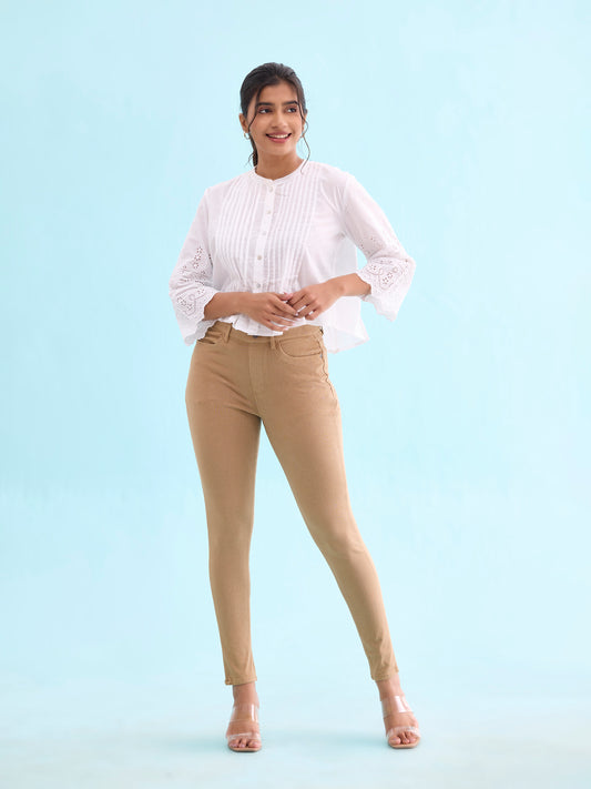 Khaki Cotton Polyester Super Stretch Jeggings