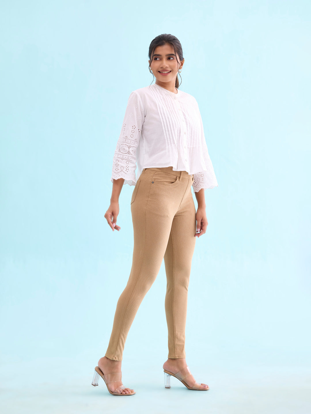 Khaki Cotton Polyester Super Stretch Jeggings