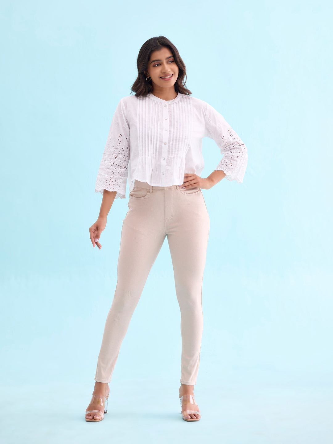 Light Beige Cotton Polyester Super Stretch Jeggings