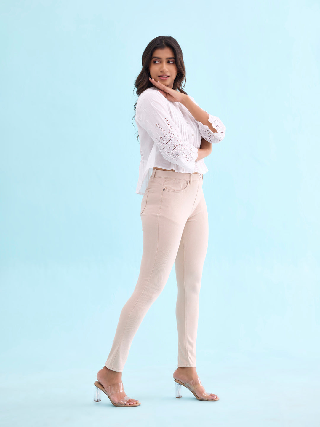 Light Beige Cotton Polyester Super Stretch Jeggings