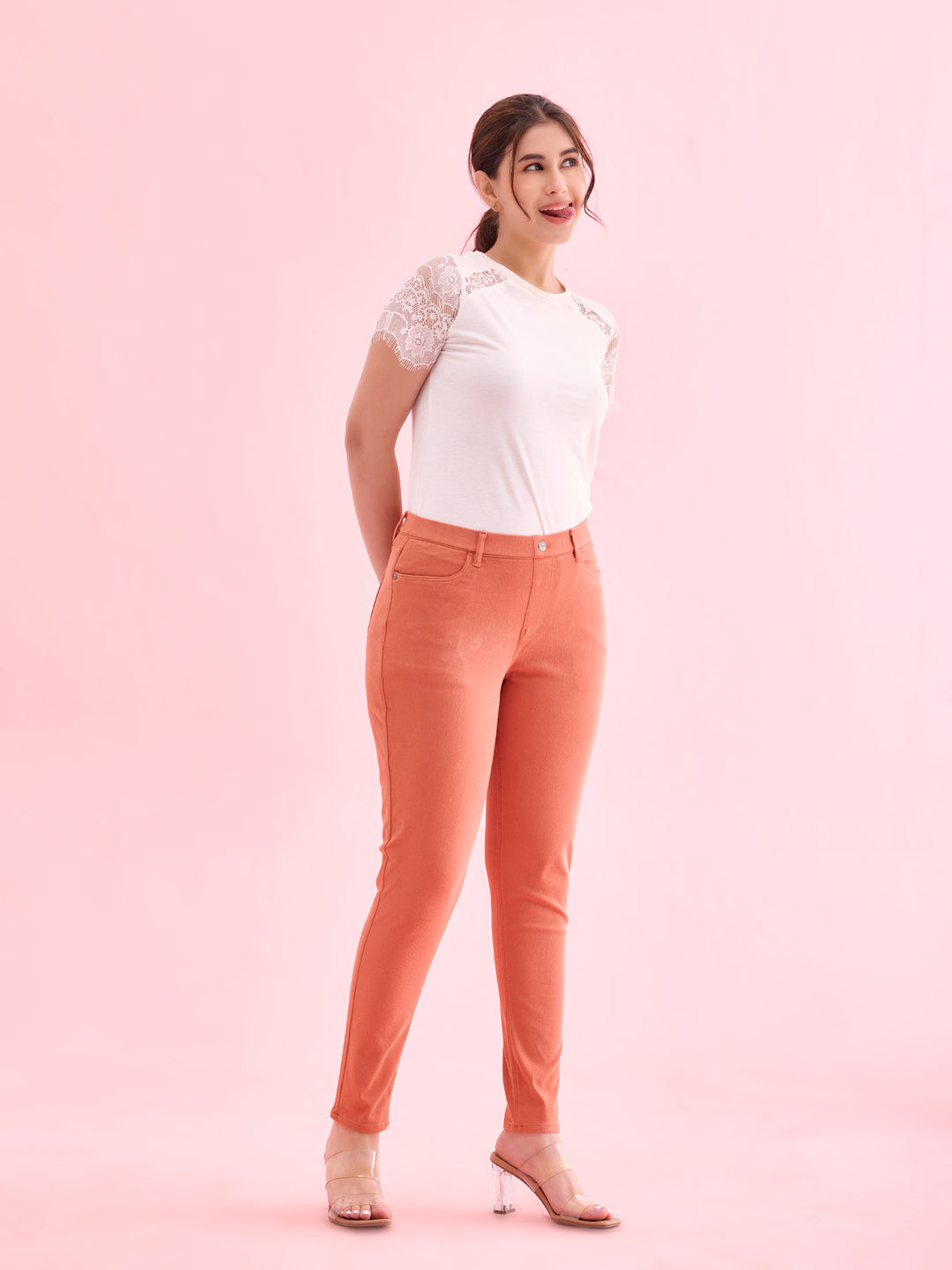 Orange Cotton Polyester Super Stretch Jeggings