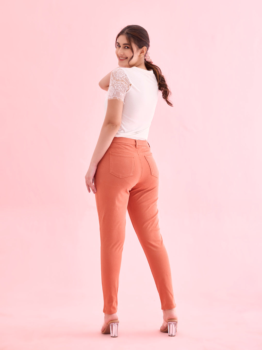 Orange Cotton Polyester Super Stretch Jeggings