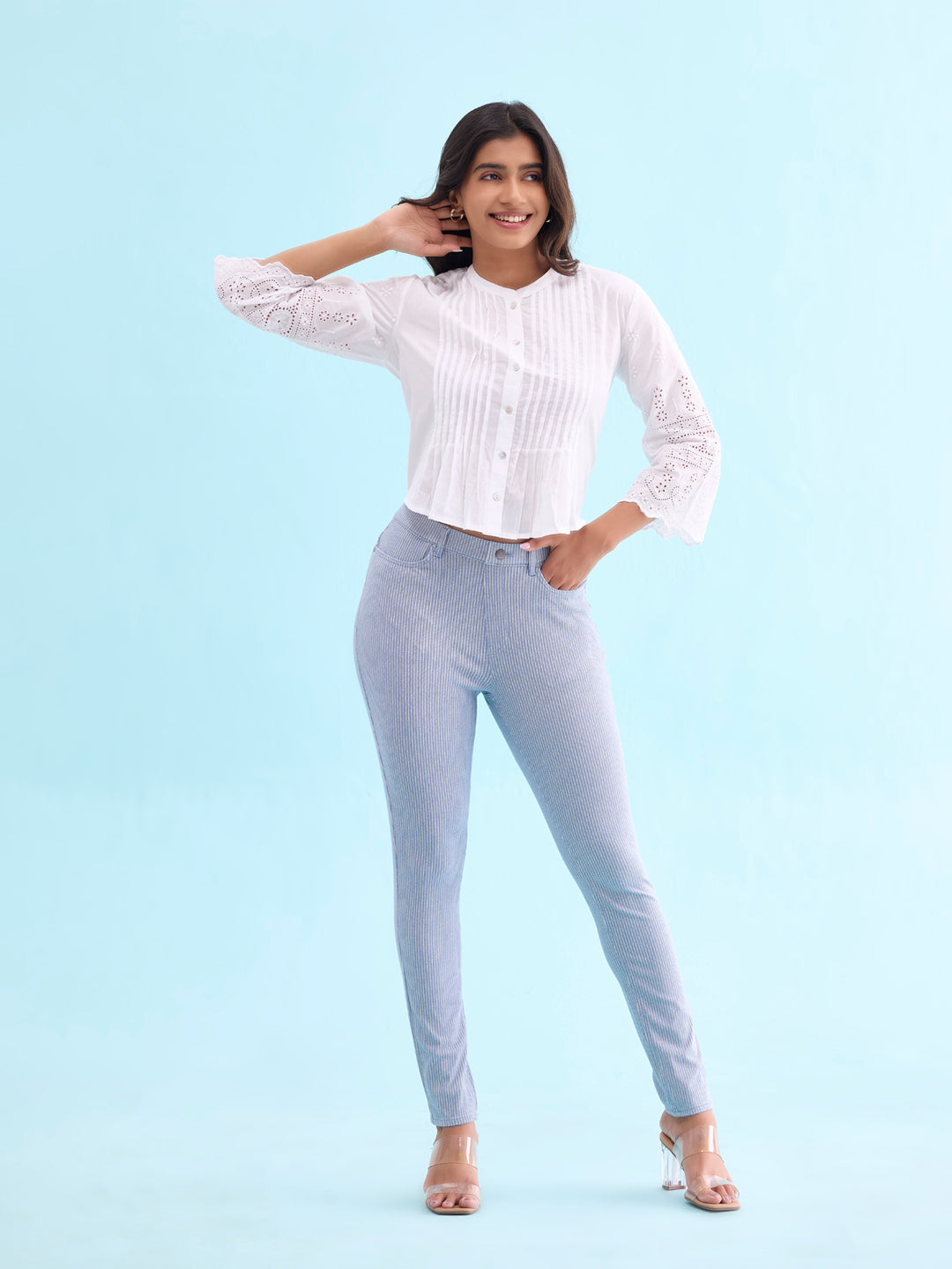 Light Blue Cotton Poly Stretch Stripes Printed Jeggings