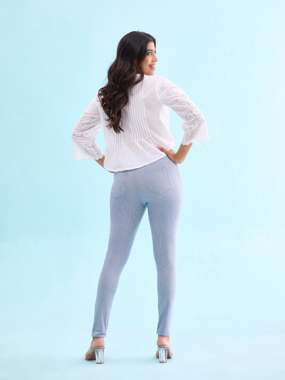 Light Blue Cotton Poly Stretch Stripes Printed Jeggings