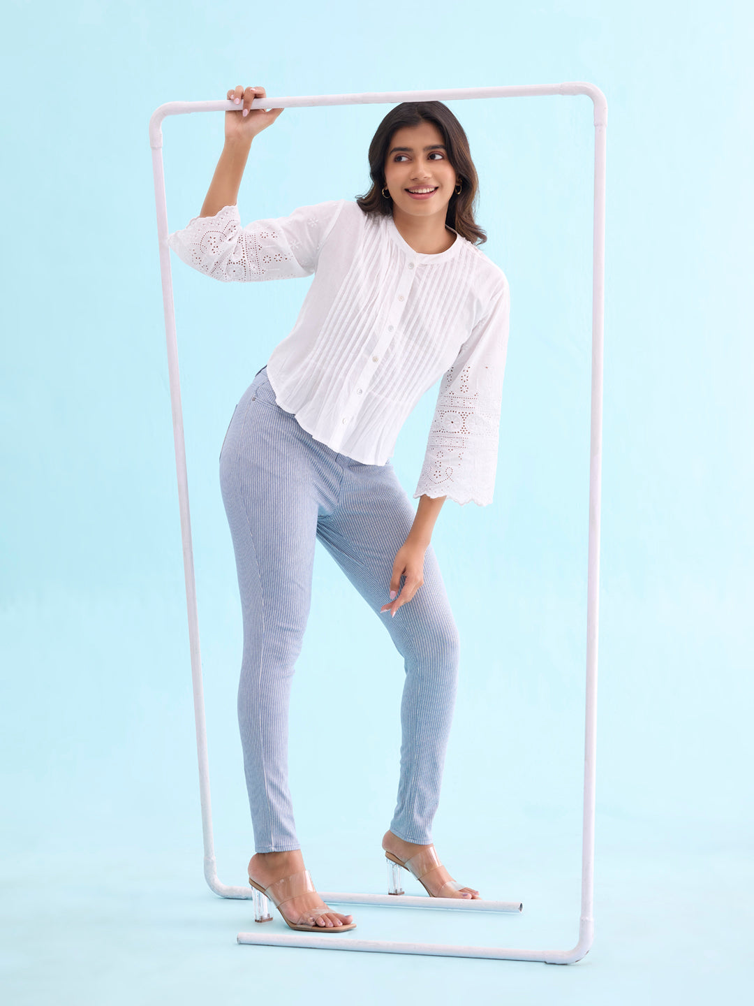 Light Blue Cotton Poly Stretch Stripes Printed Jeggings