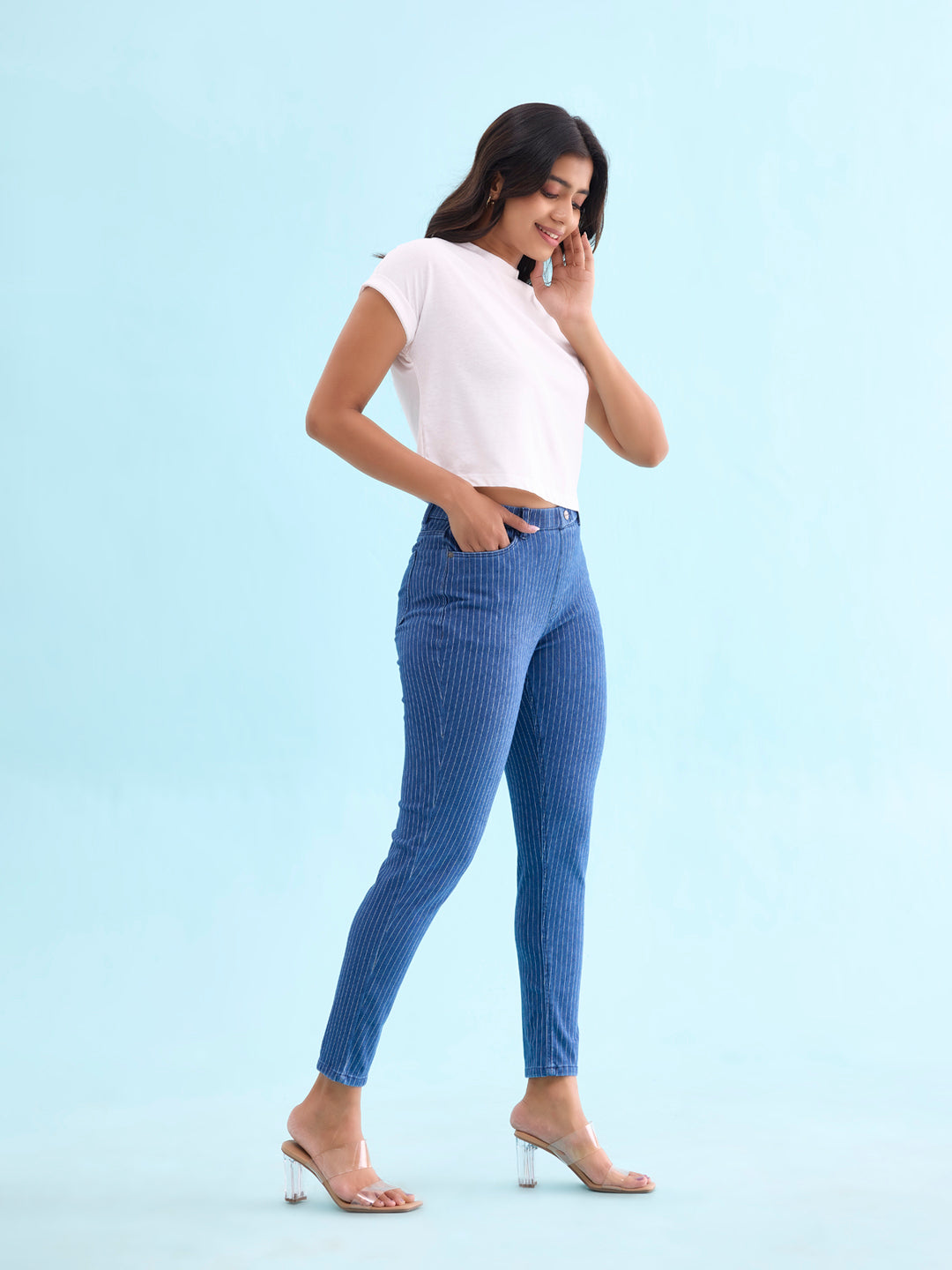 Blue Cotton Poly Stretch Stripes Denim Jeggings – Go Colors India