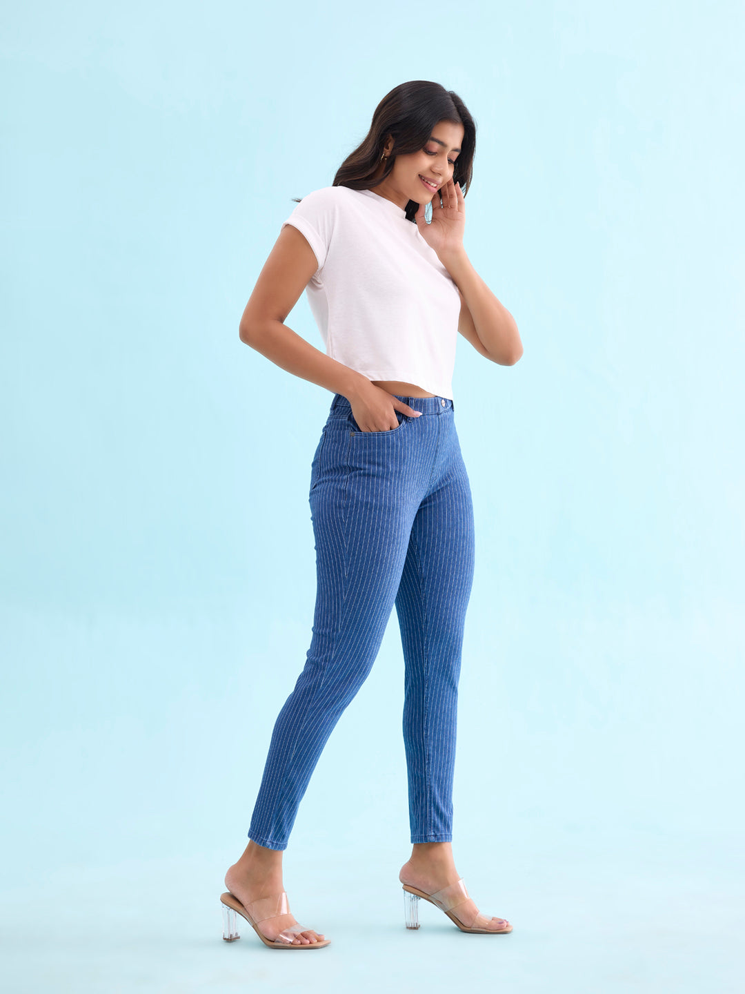 Blue Cotton Poly Stretch Stripes Denim Jeggings