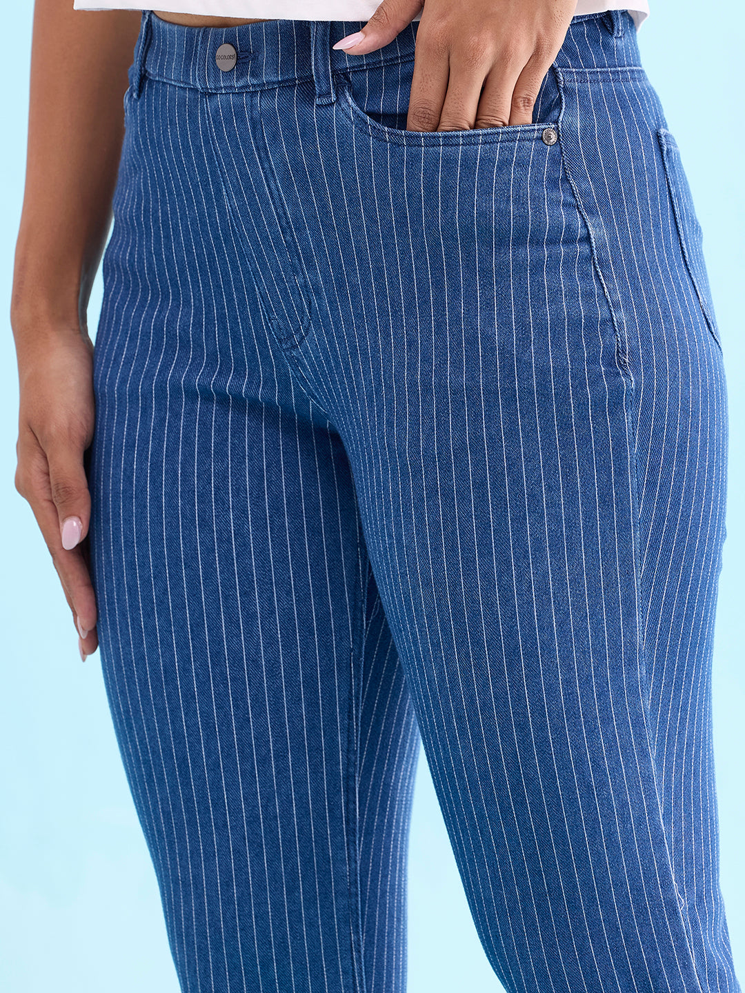 Blue Cotton Poly Stretch Stripes Denim Jeggings