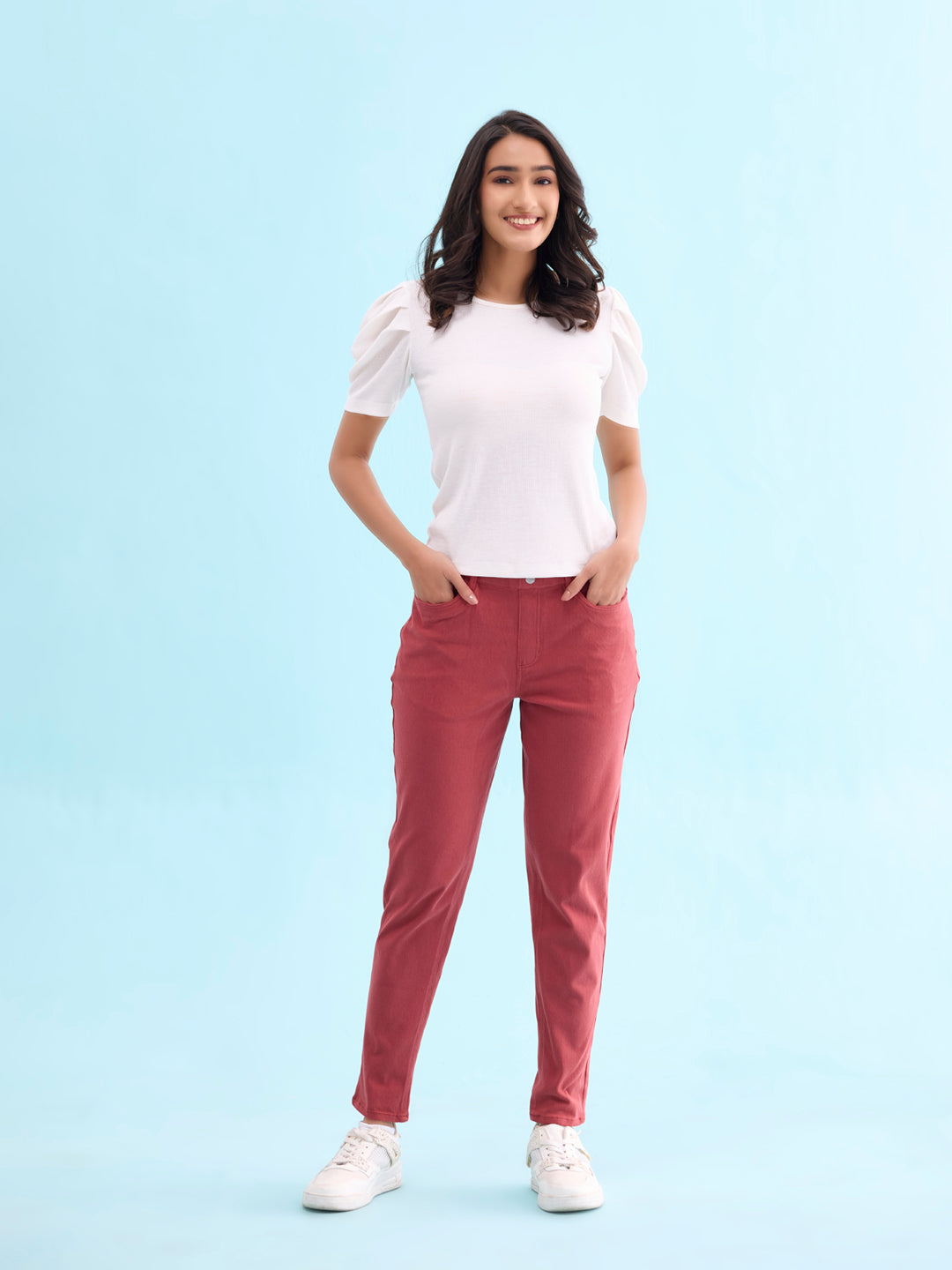 Young Red Cotton Polyester Super Stretch Jeggings