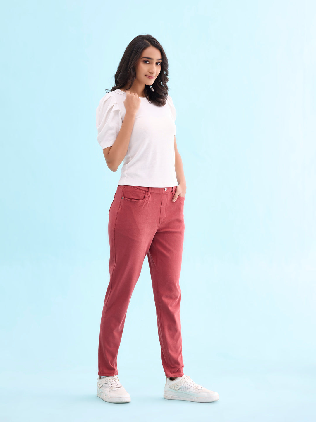 Young Red Cotton Polyester Super Stretch Jeggings