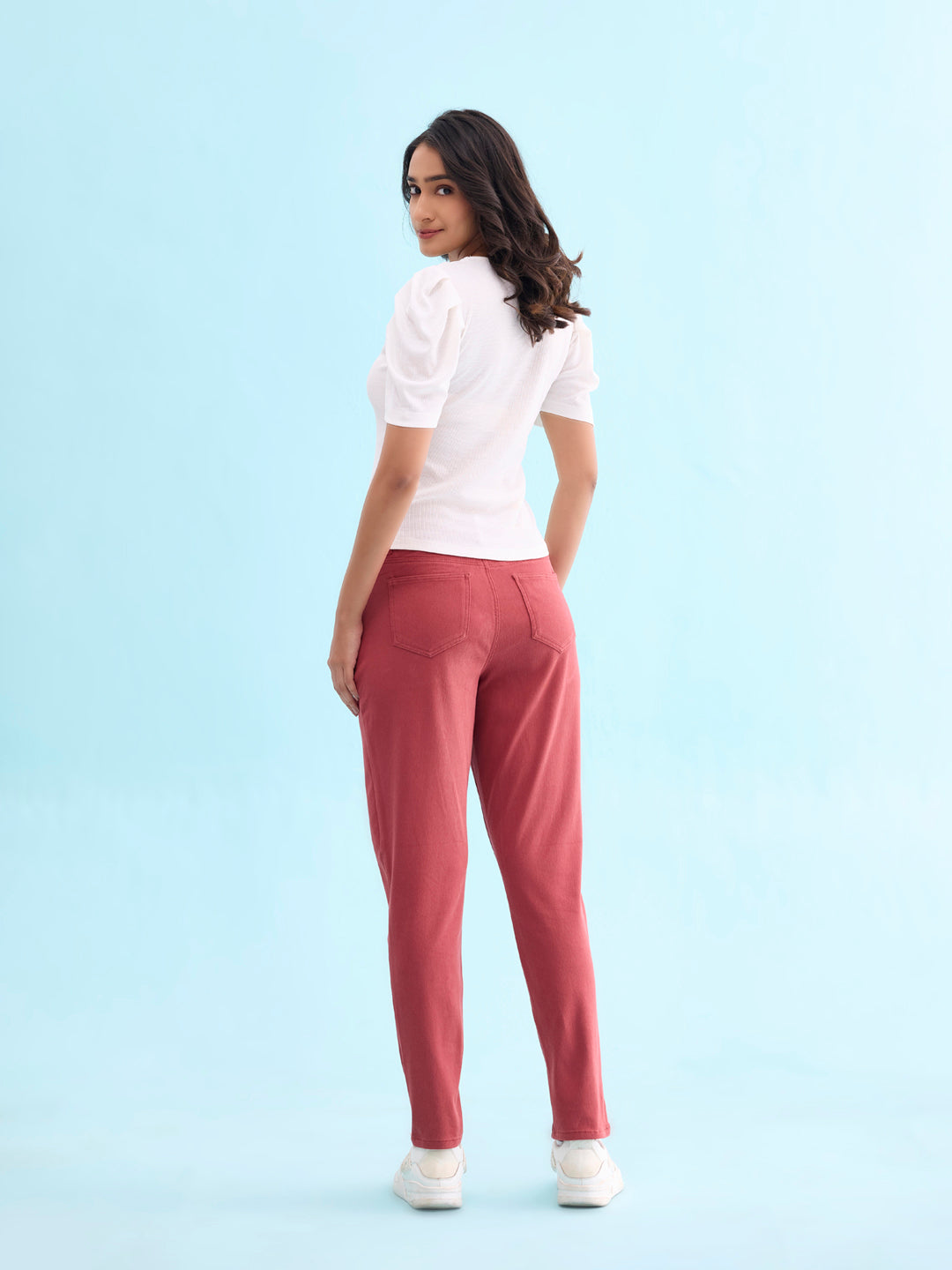 Young Red Cotton Polyester Super Stretch Jeggings