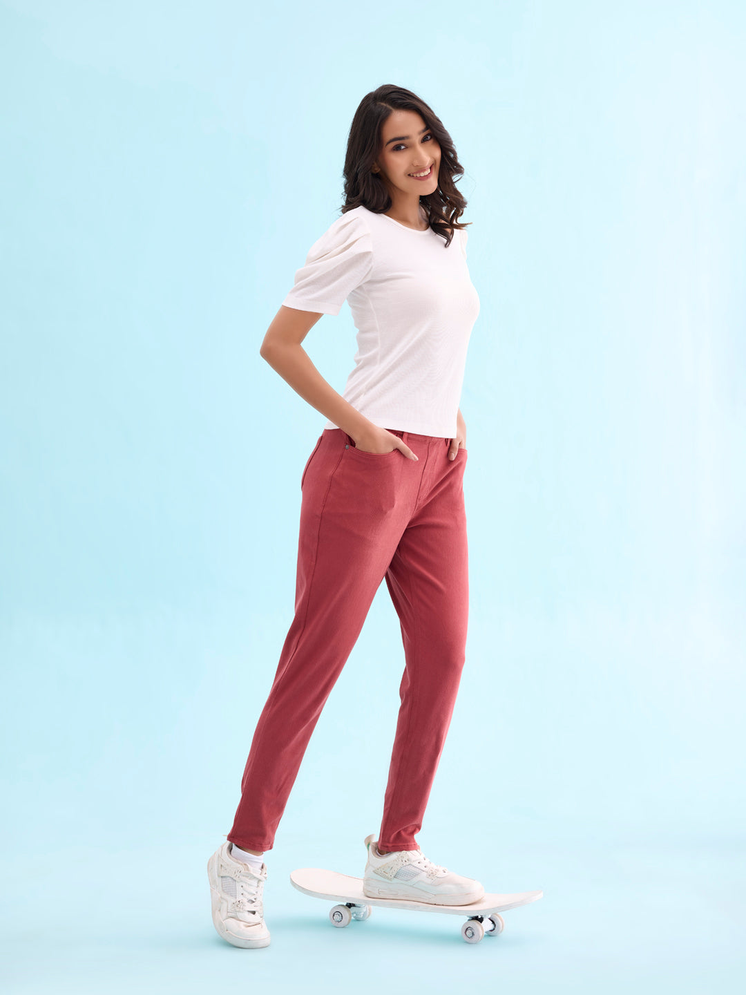 Young Red Cotton Polyester Super Stretch Jeggings