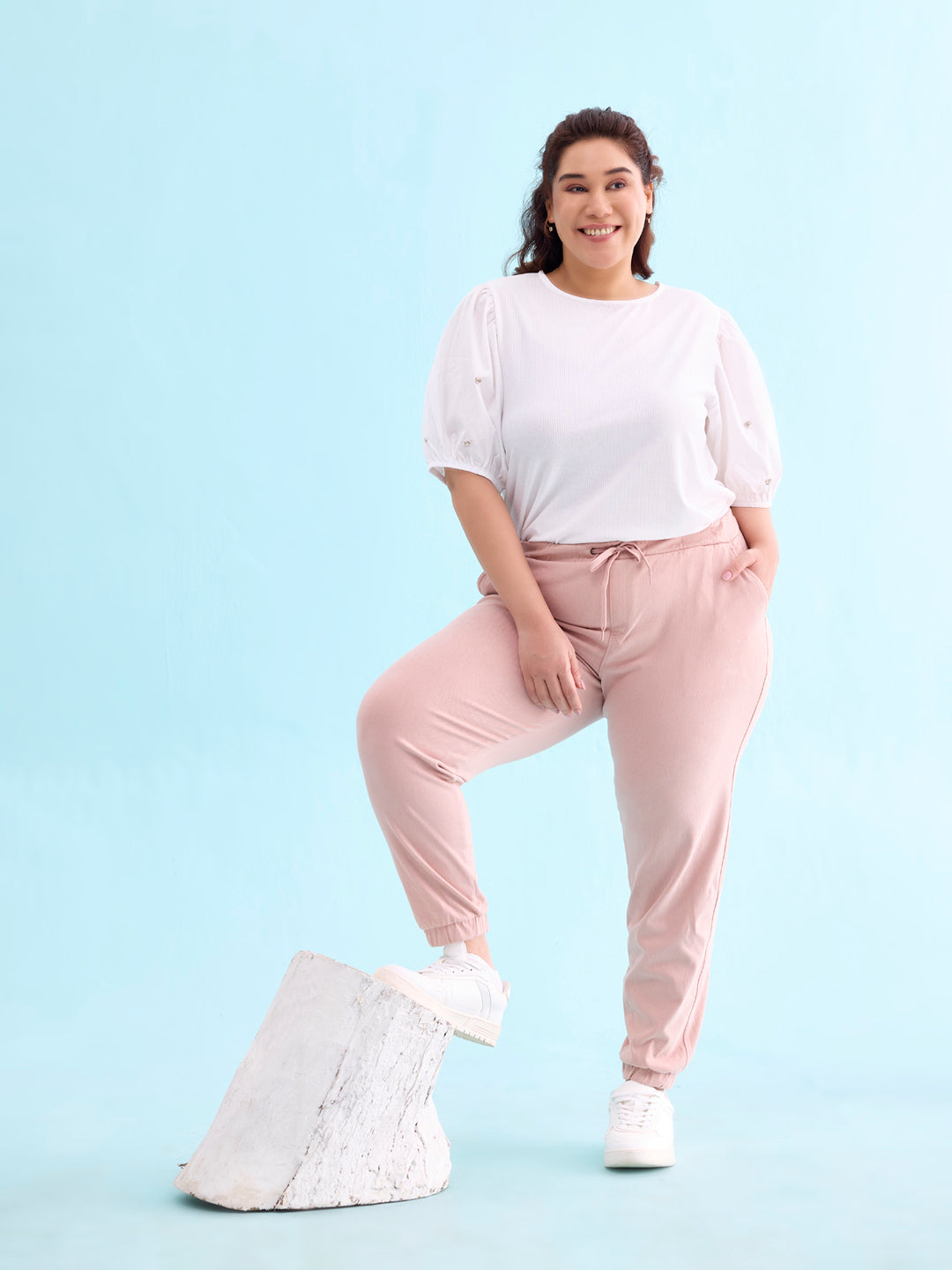 Baby Pink Cotton Poly Stretch Cuffed Joggers