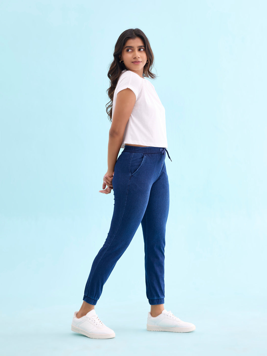 Blue Cotton Poly Stretch Denim Joggers