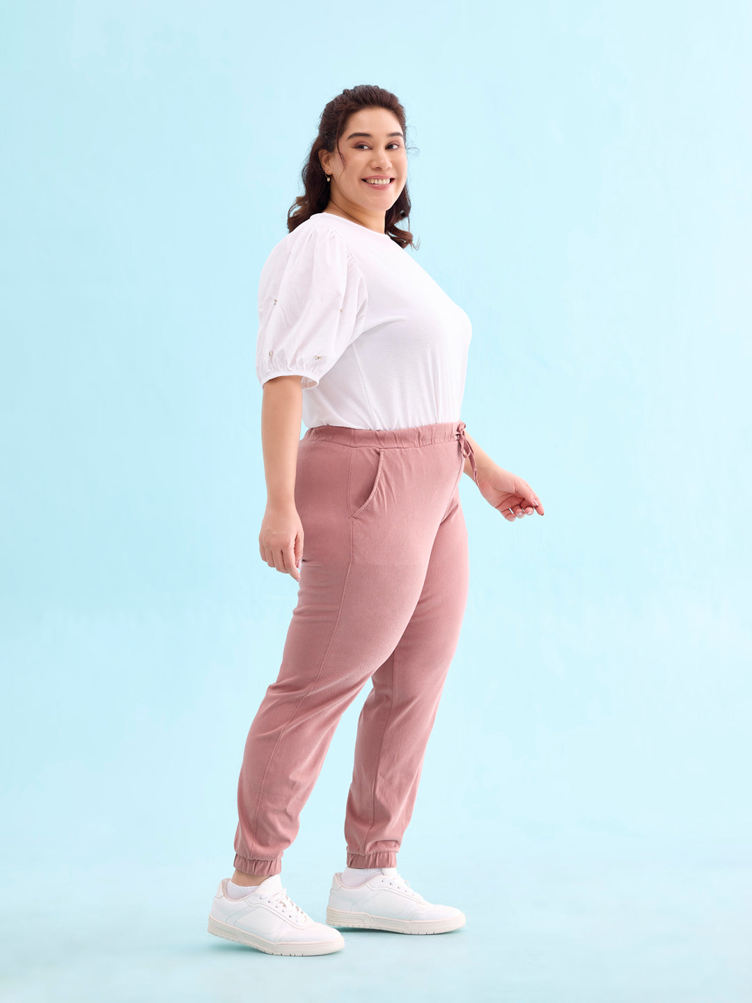 Dusty Pink Cotton Poly Stretch Cuffed Joggers