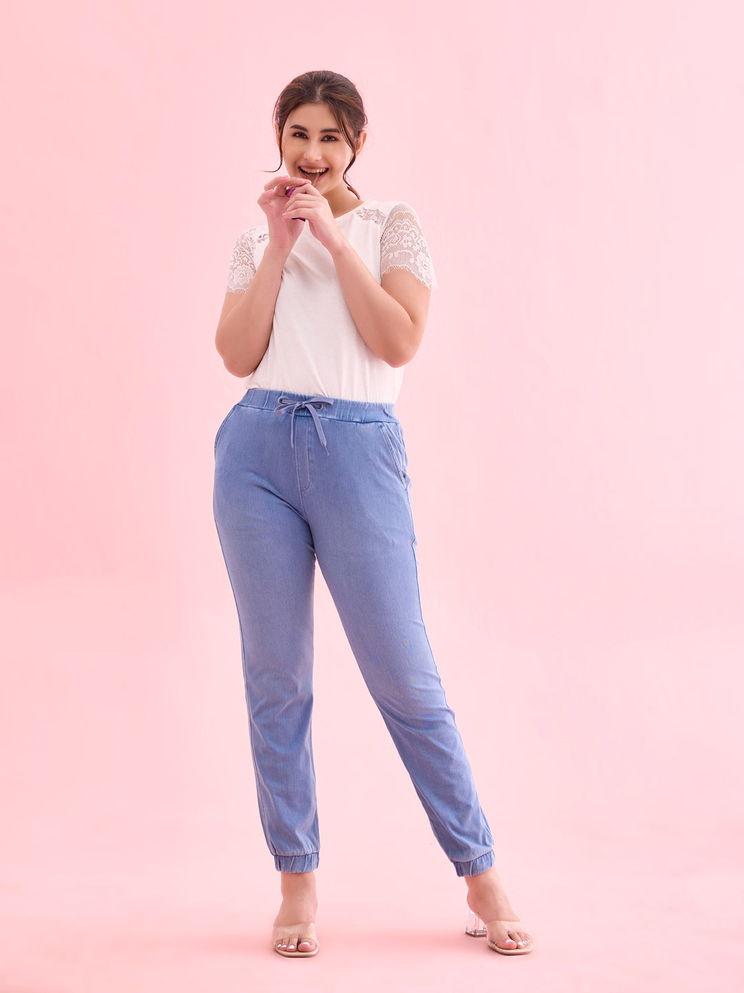 Light Blue Cotton Poly Stretch Denim Joggers