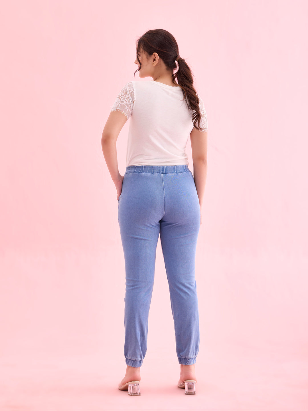 Light Blue Cotton Poly Stretch Denim Joggers