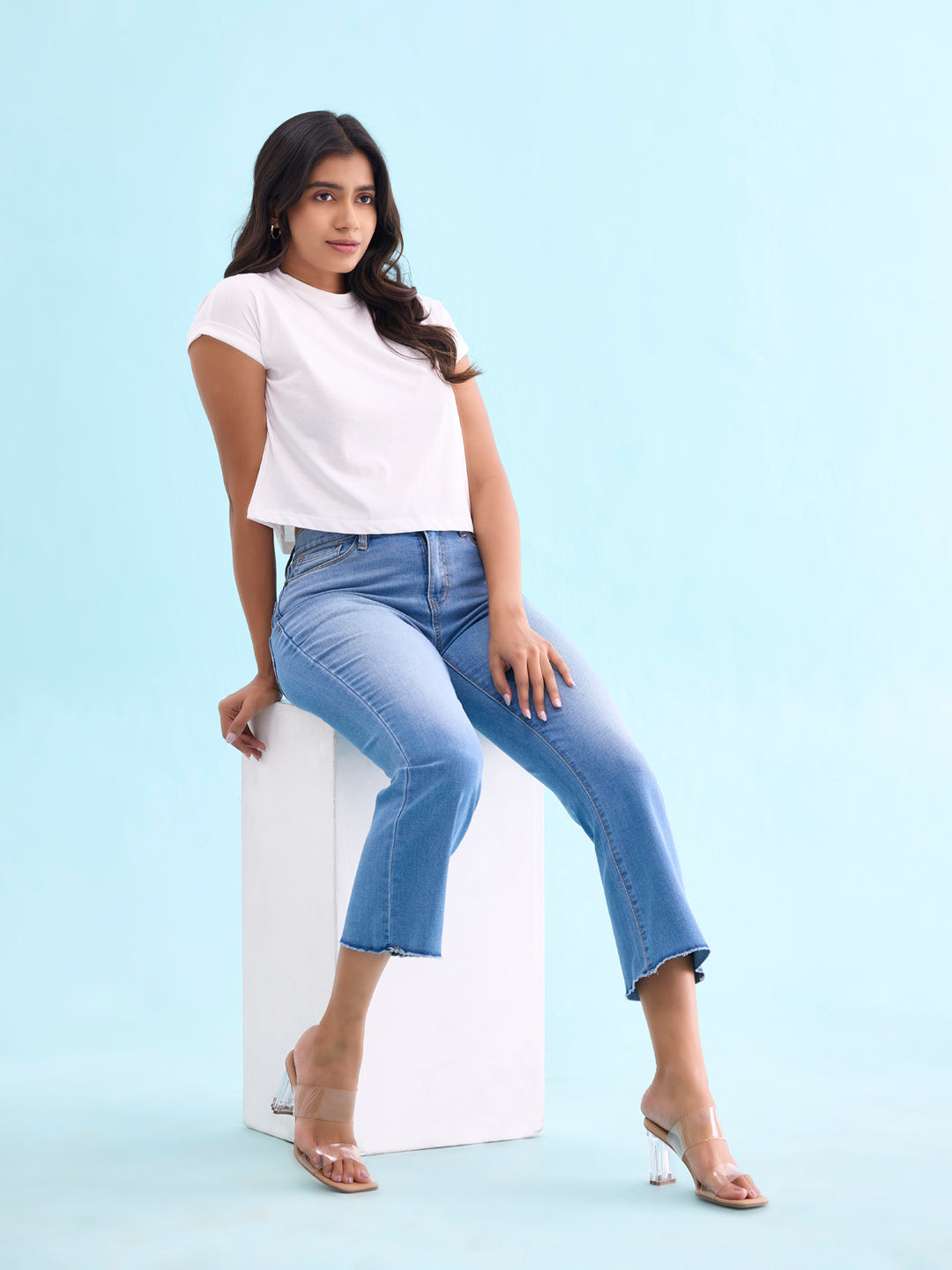 Light Blue Denim Mini Flare Jeans