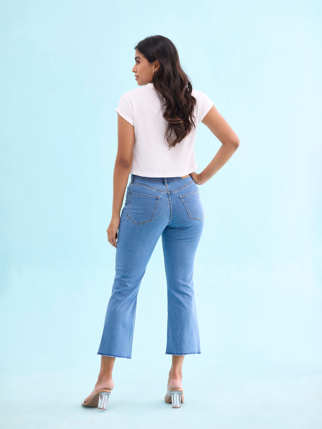 Light Blue Denim Mini Flare Jeans