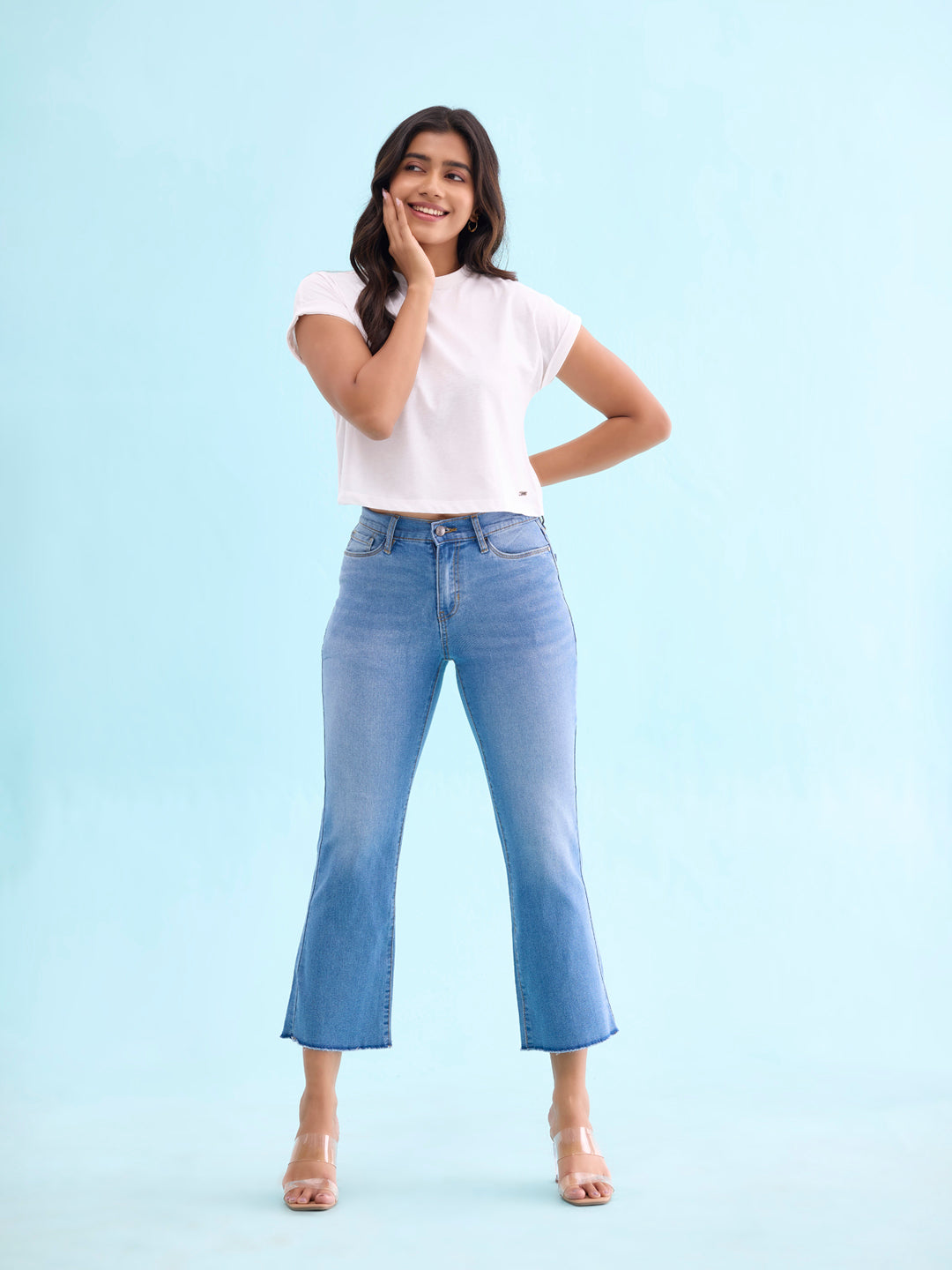 Light Blue Denim Mini Flare Jeans