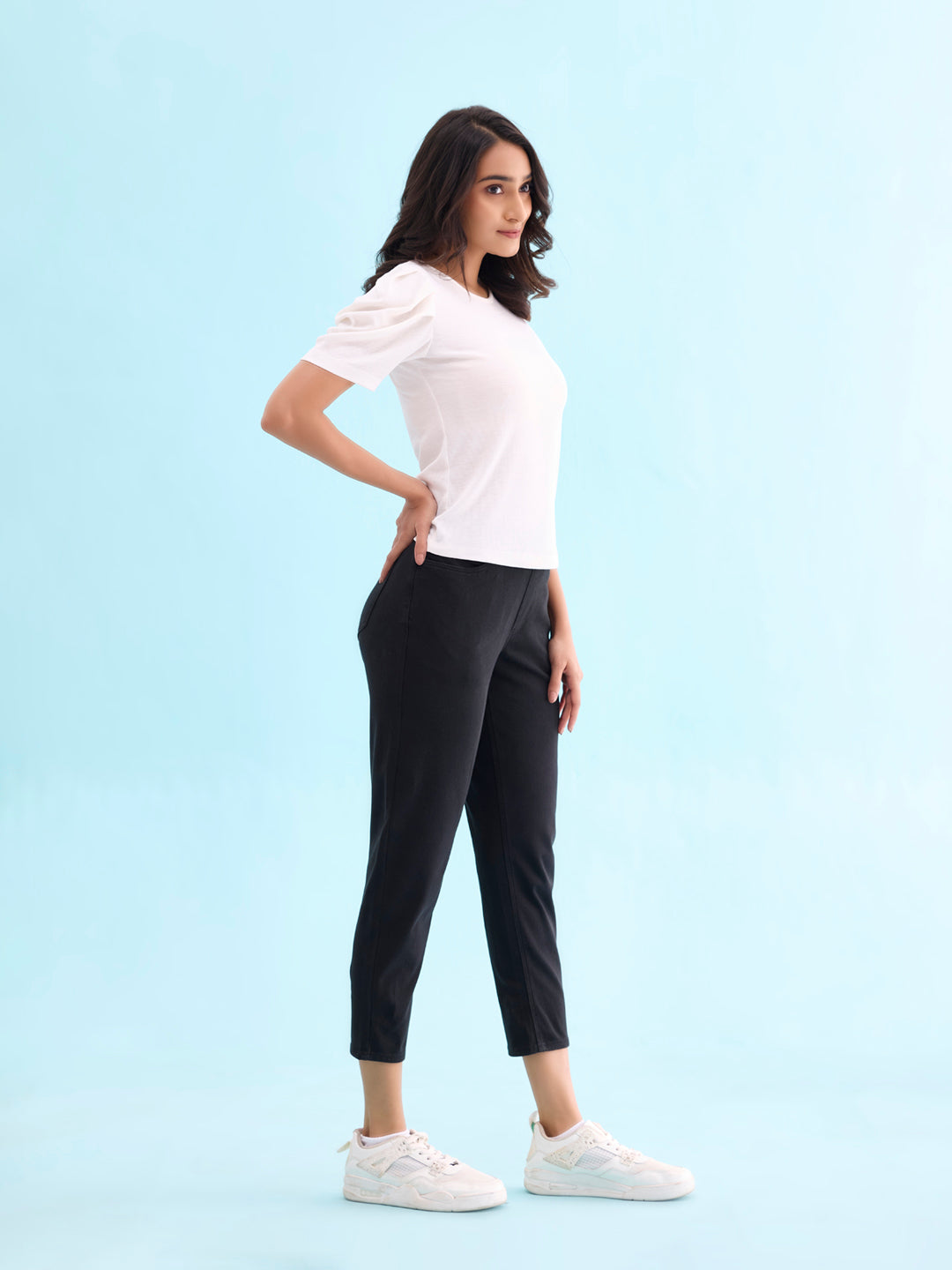 Black Cotton Poly Stretch Cropped Colored Jeggings