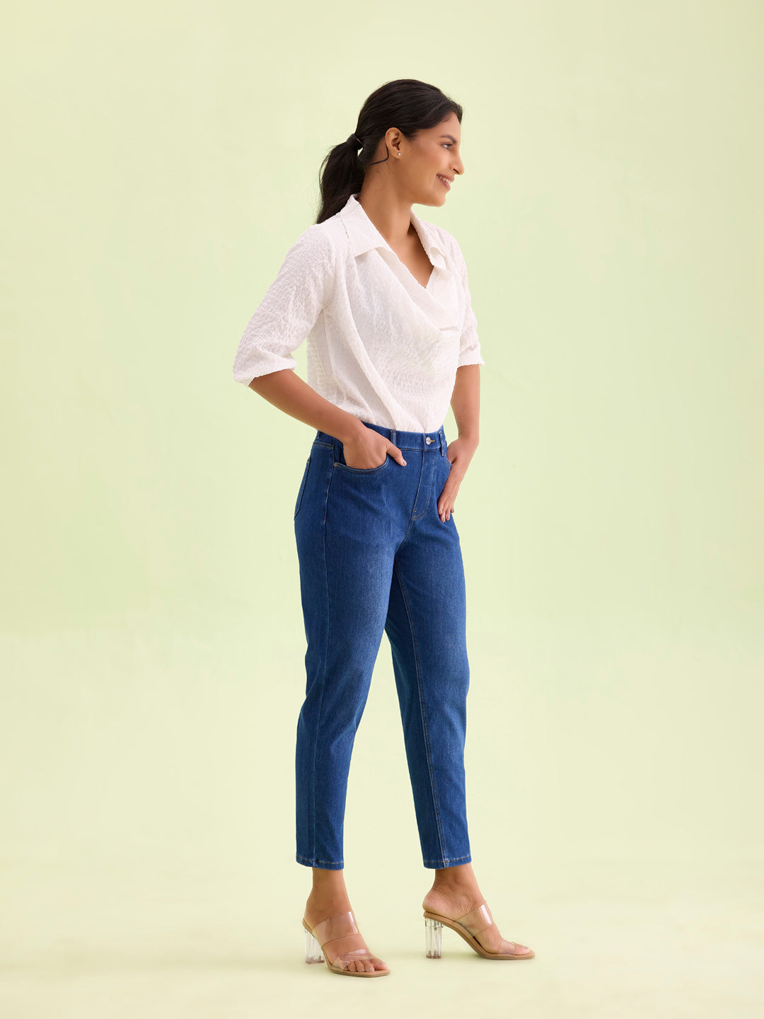 Blue Cotton Poly Stretch Cropped Stripe Denim Jeggings