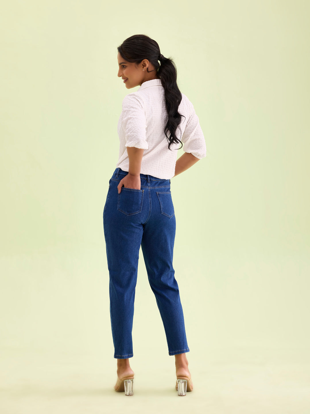 Blue Cotton Poly Stretch Cropped Stripe Denim Jeggings