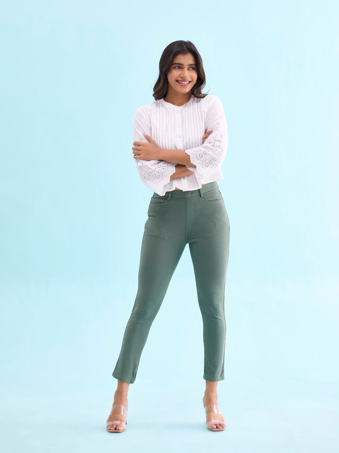 Bottle Green Cotton Poly Stretch Cropped Colored Jeggings