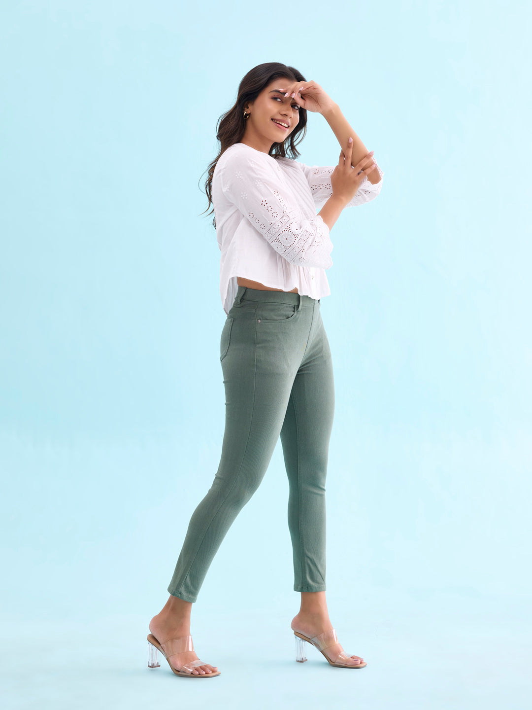 Bottle Green Cotton Poly Stretch Cropped Colored Jeggings