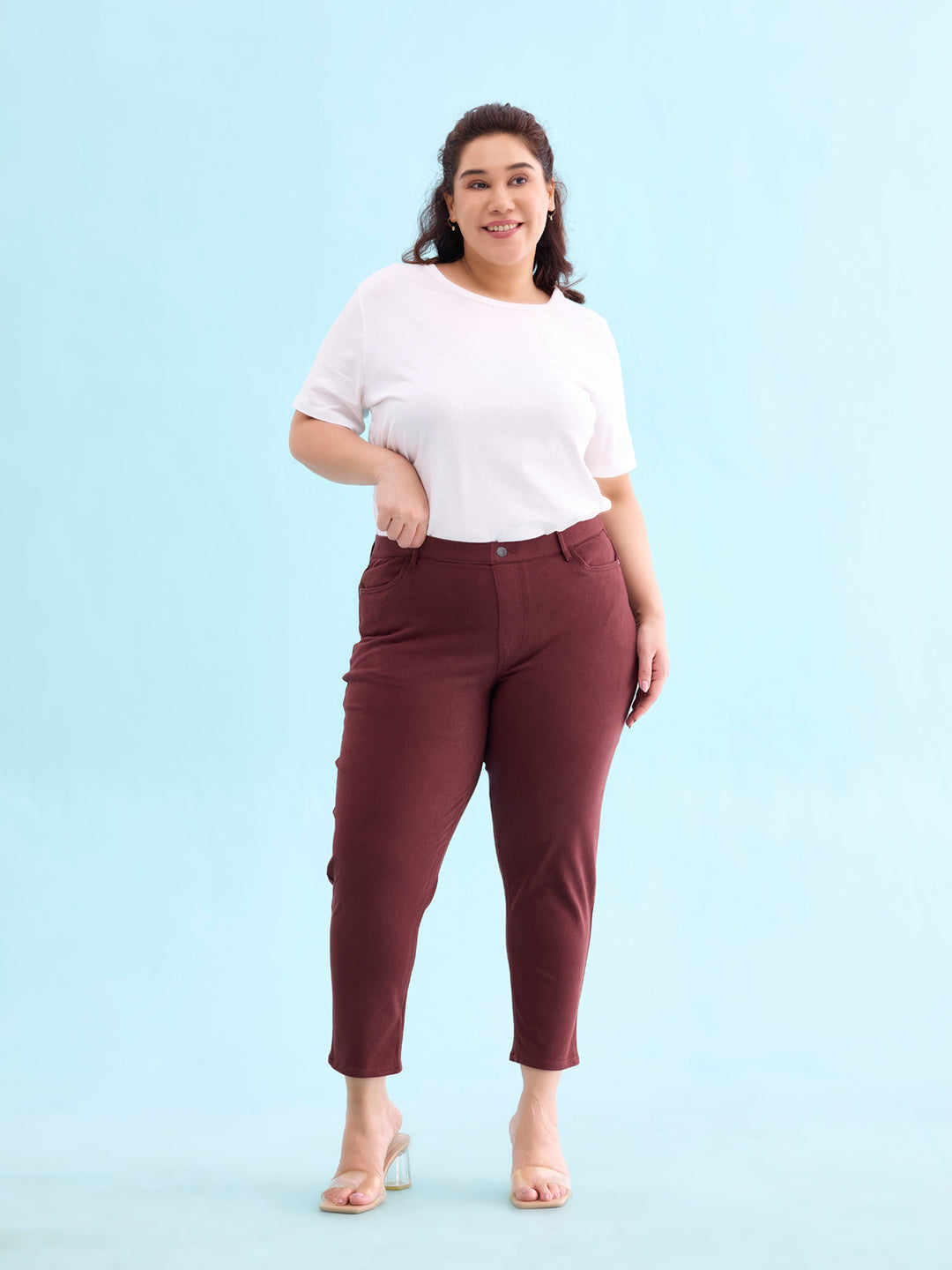 Bright Maroon Cotton Poly Stretch Cropped Colored Jeggings