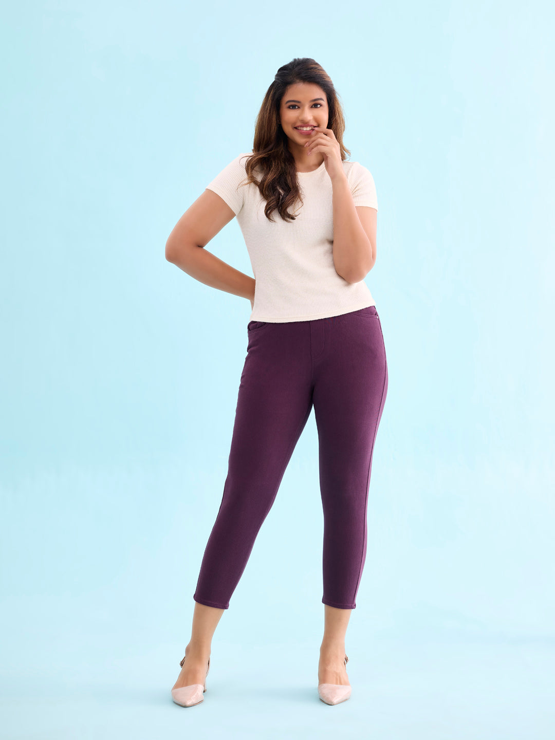 Dark Wine Cotton Poly Stretch Cropped Colored Jeggings