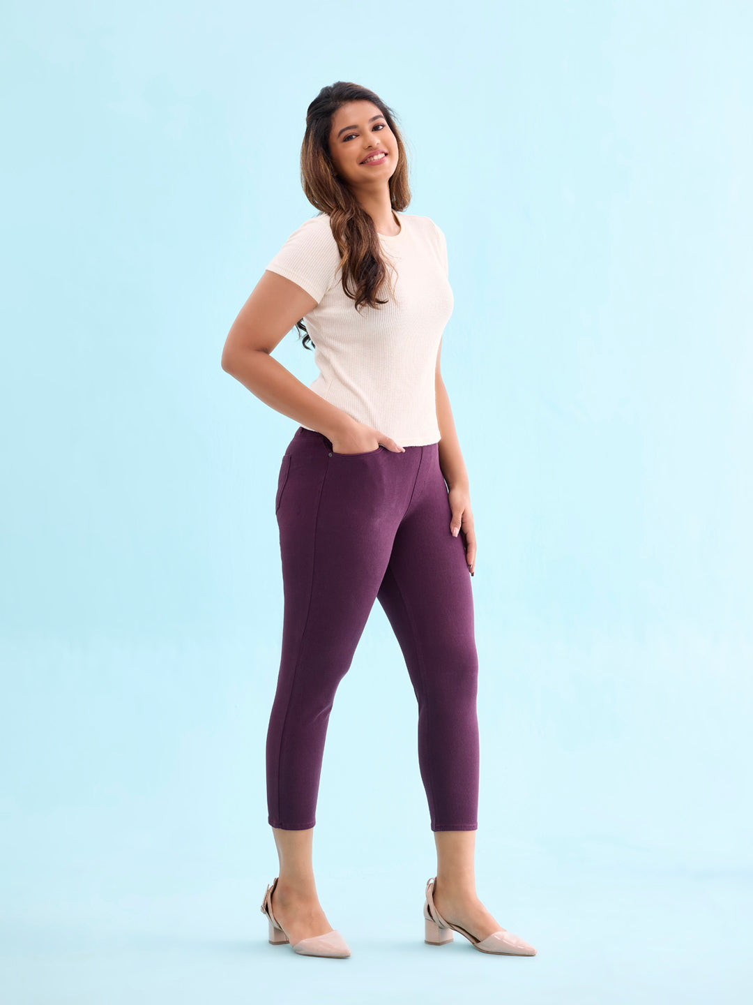 Dark Wine Cotton Poly Stretch Cropped Colored Jeggings