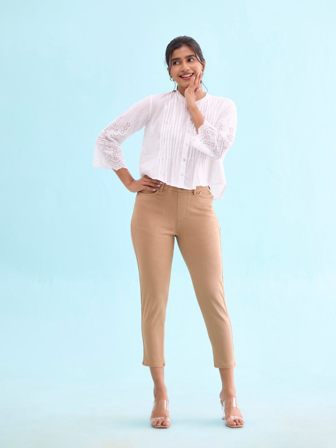 Khaki Cotton Poly Stretch Cropped Colored Jeggings