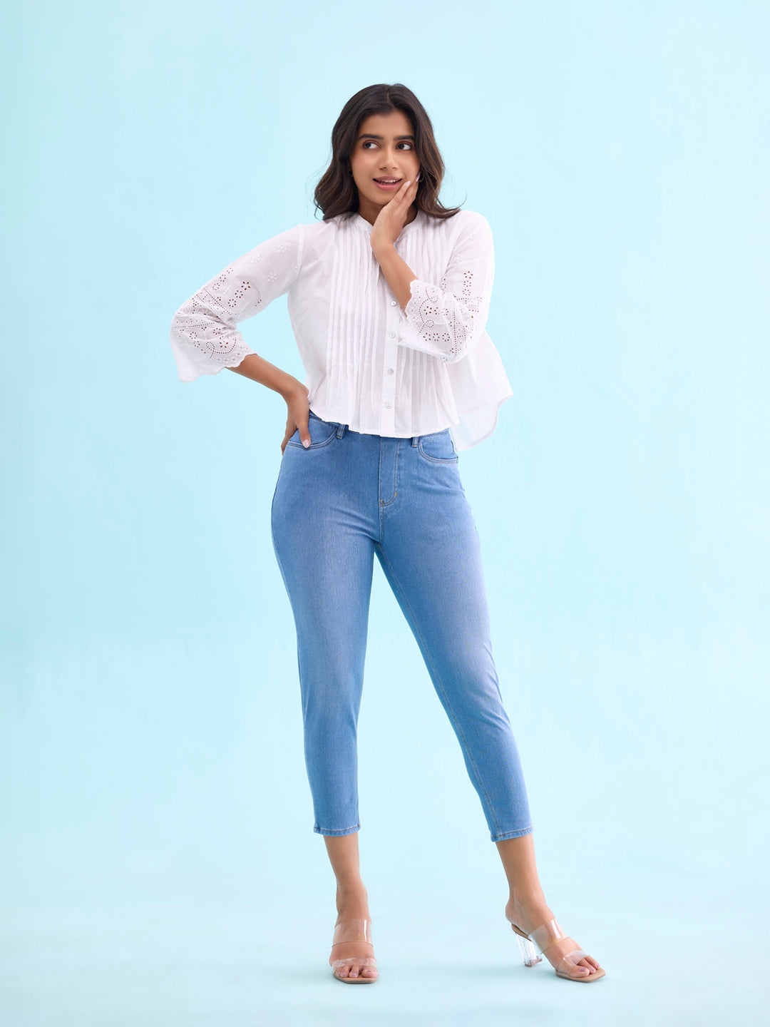 Light Blue Cotton Poly Stretch Cropped Denim Jeggings