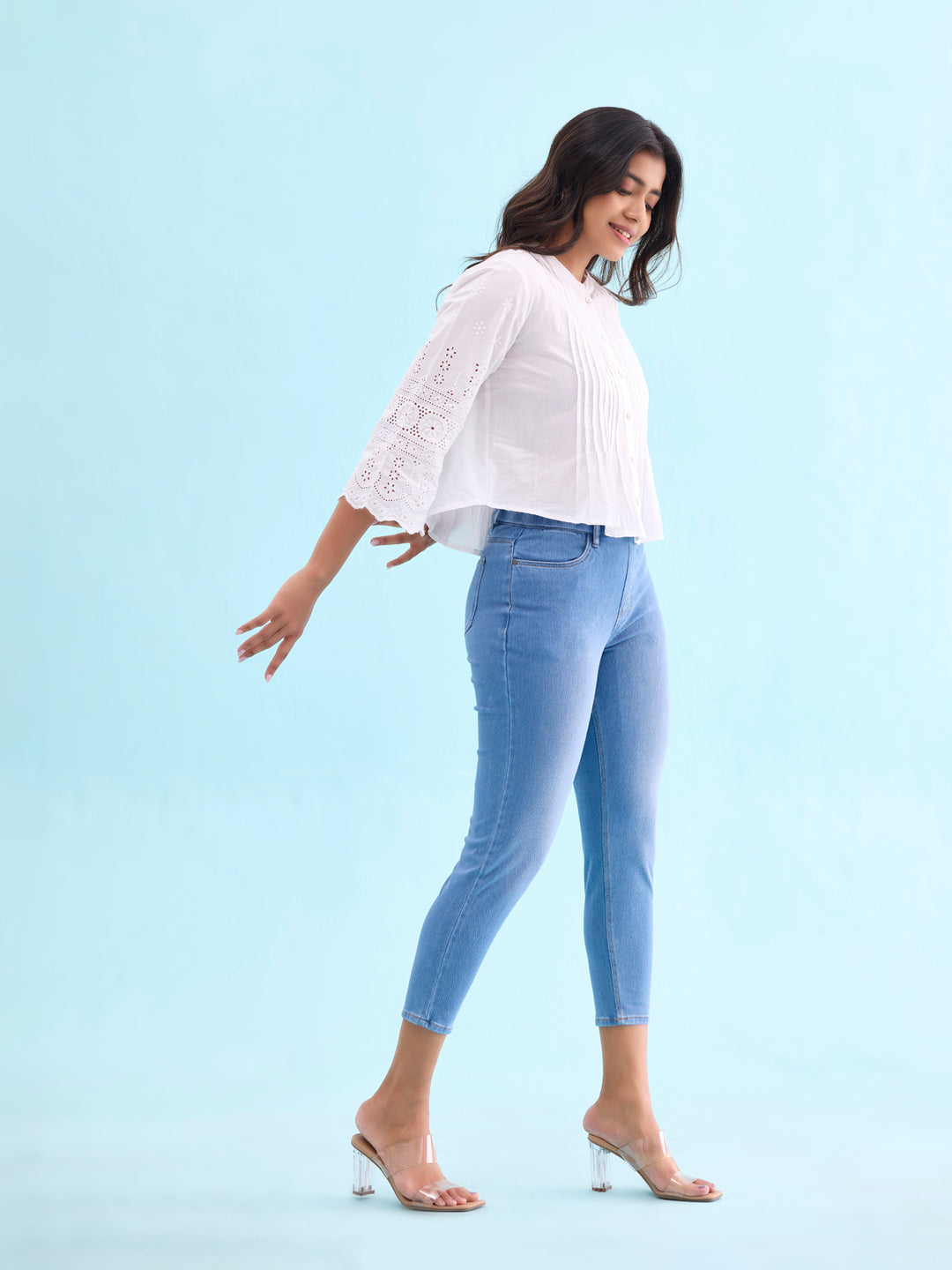 Light Blue Cotton Poly Stretch Cropped Denim Jeggings