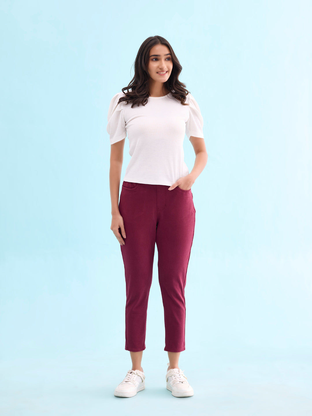 Maroon Cotton Poly Stretch Cropped Colored Jeggings