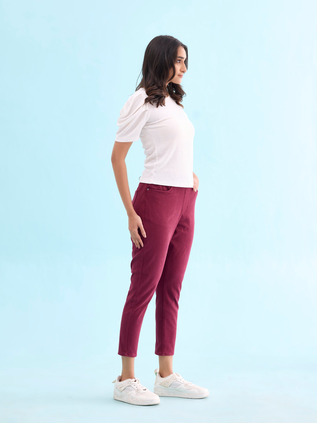 Maroon Cotton Poly Stretch Cropped Colored Jeggings